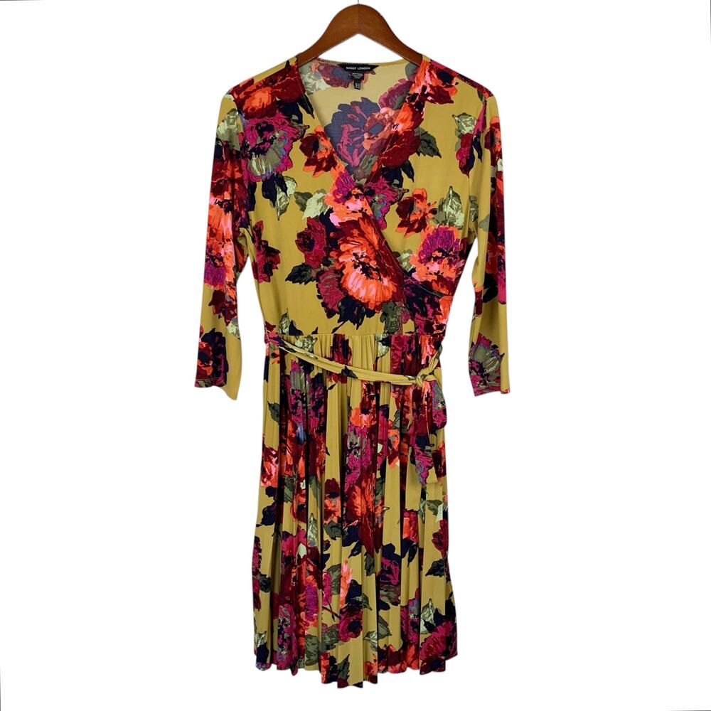 Maggy London Dress Faux Wrap Yellow Gold Floral Knee Length Women's 12